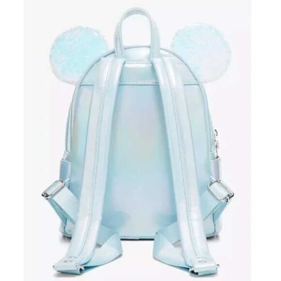LOUNGEFLY light blue Disney Minnie Mouse Iridescent Sequin Ears Mini Backpack - Picture 2 of 8